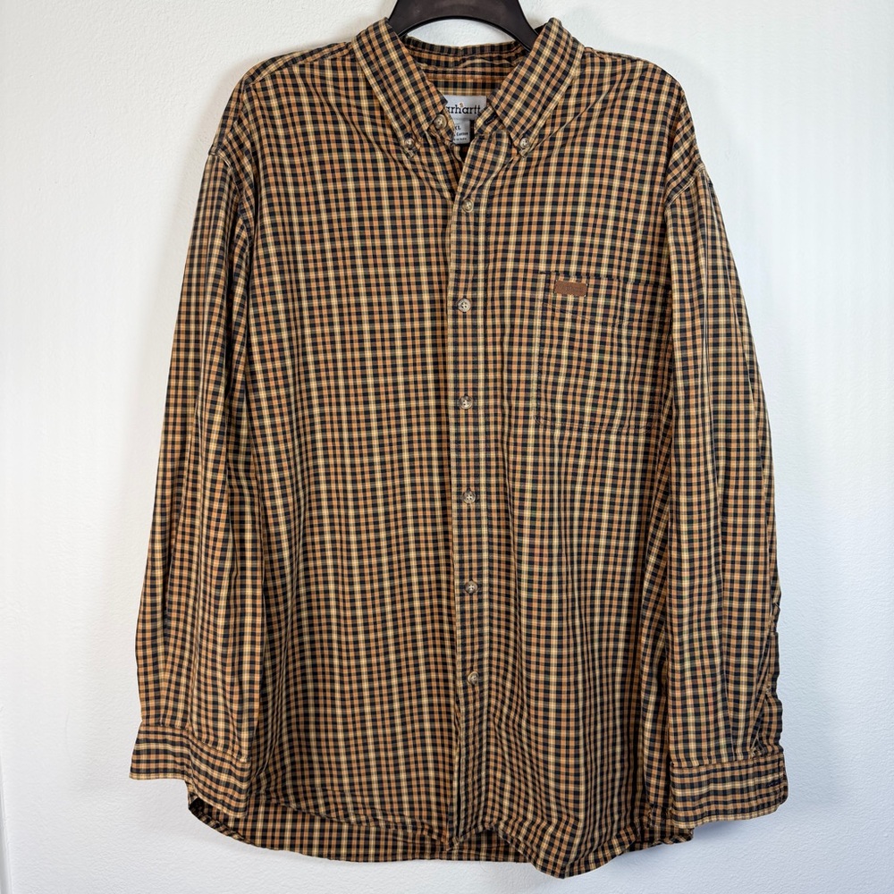 Men's Carhartt Brown Plaid Button Down Long Sleeve Shirt size XL